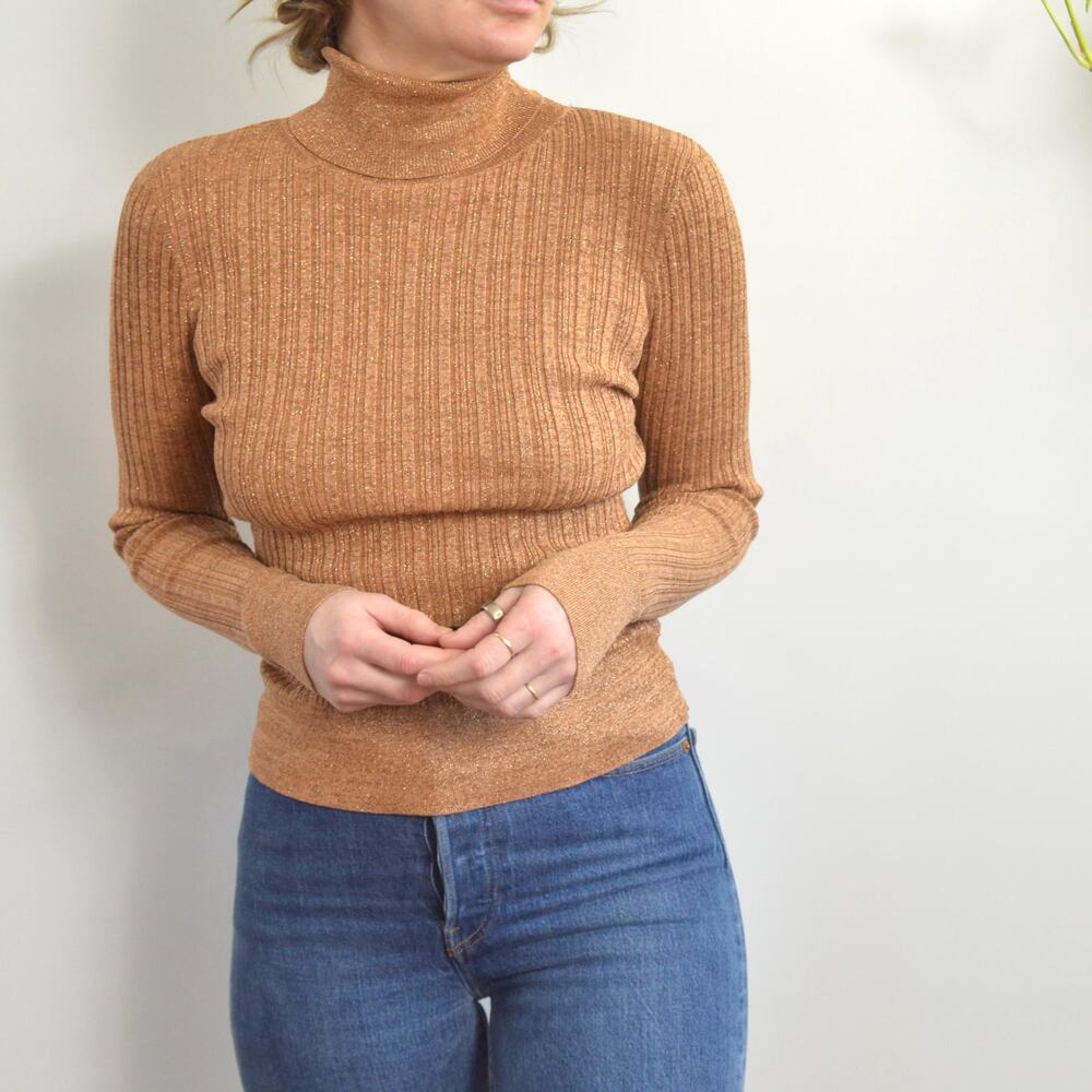 silk blend copper glitter knit turtleneck sweater top